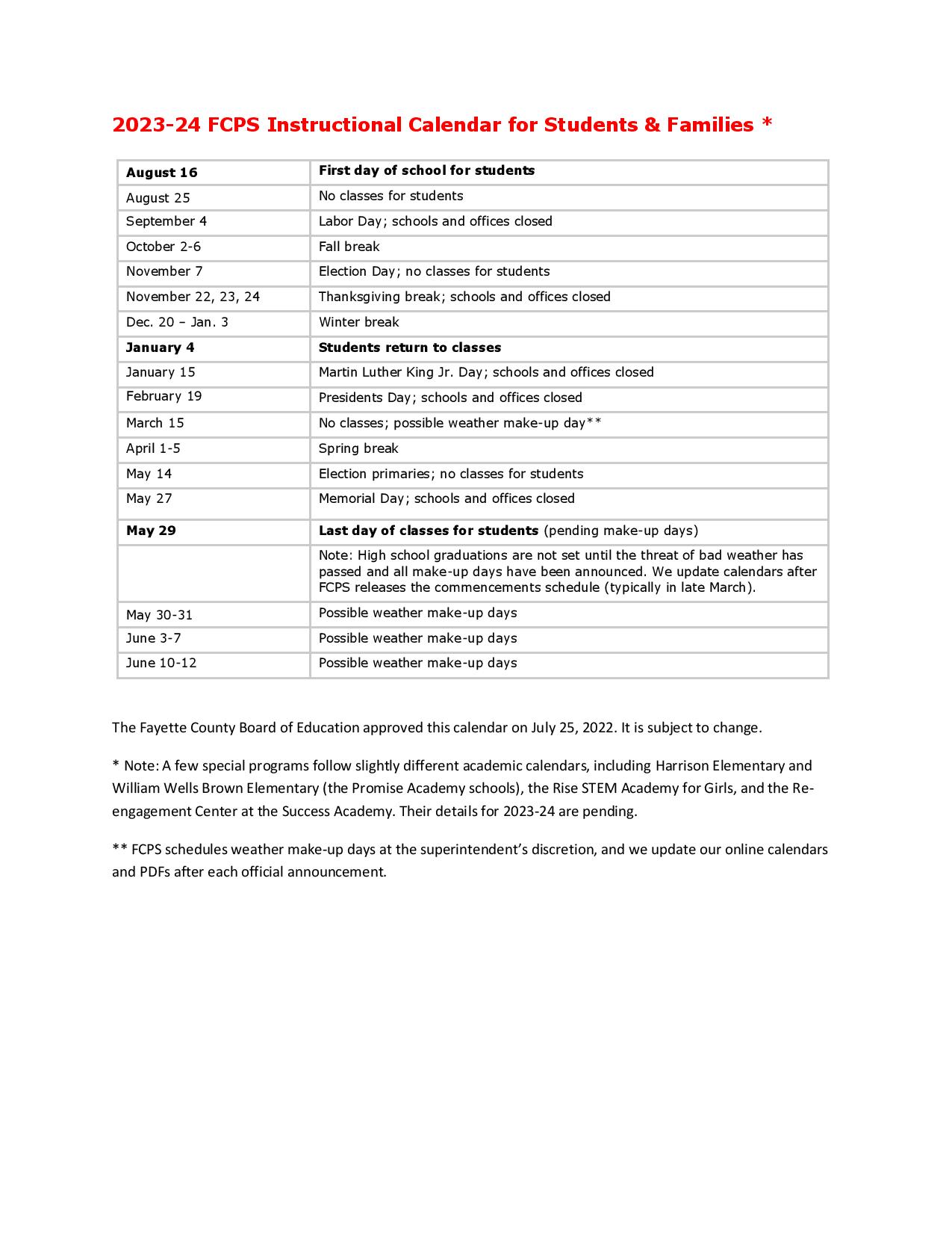 Fayette County School Calendar 2025-2025