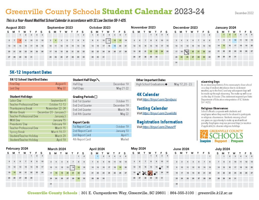 Greenville County Schools District Calendar 2023 2024 PDF