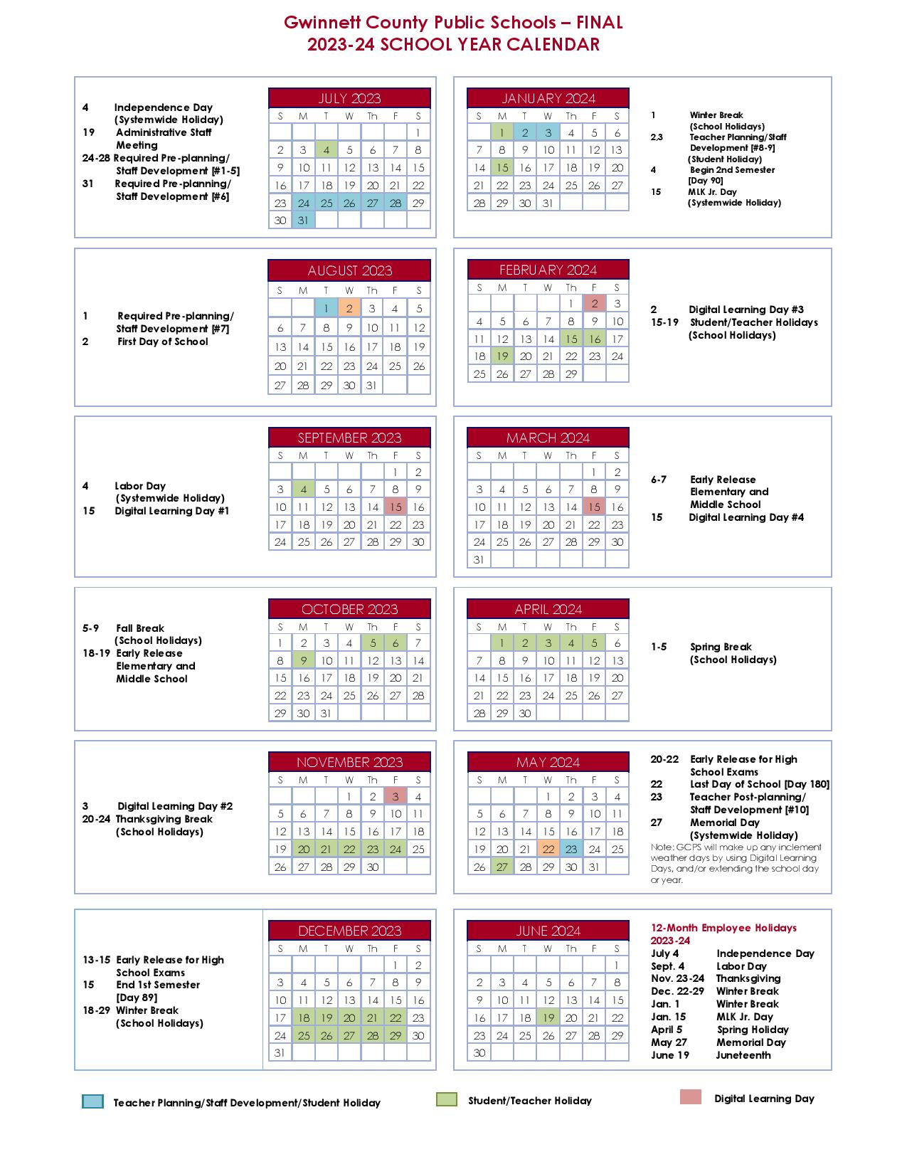 Gwinnett County Public Schools Calendar Holidays 2023-2024