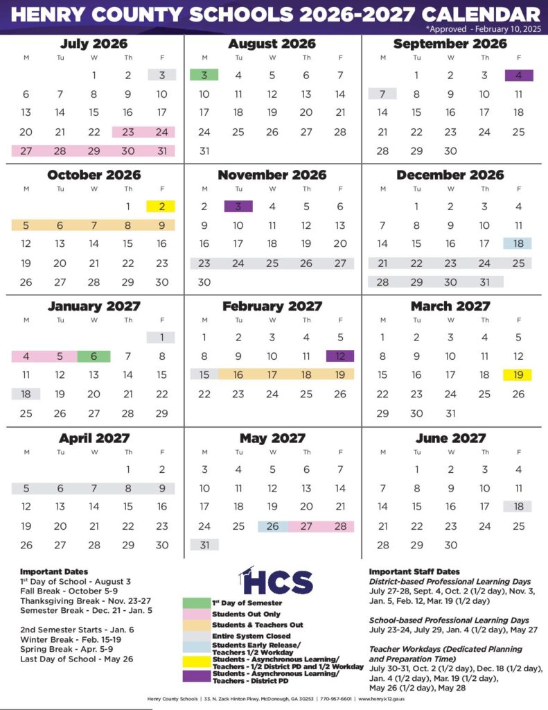 Henry County Schools Calendar 2026-2027
