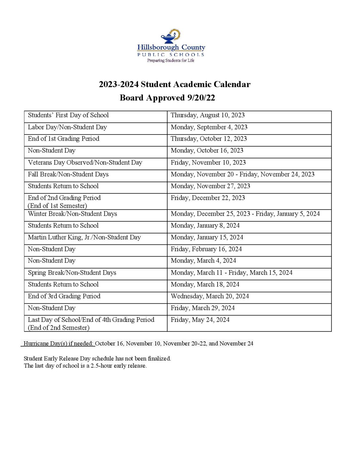 Hillsborough County Public Schools Calendar Holidays 20232024