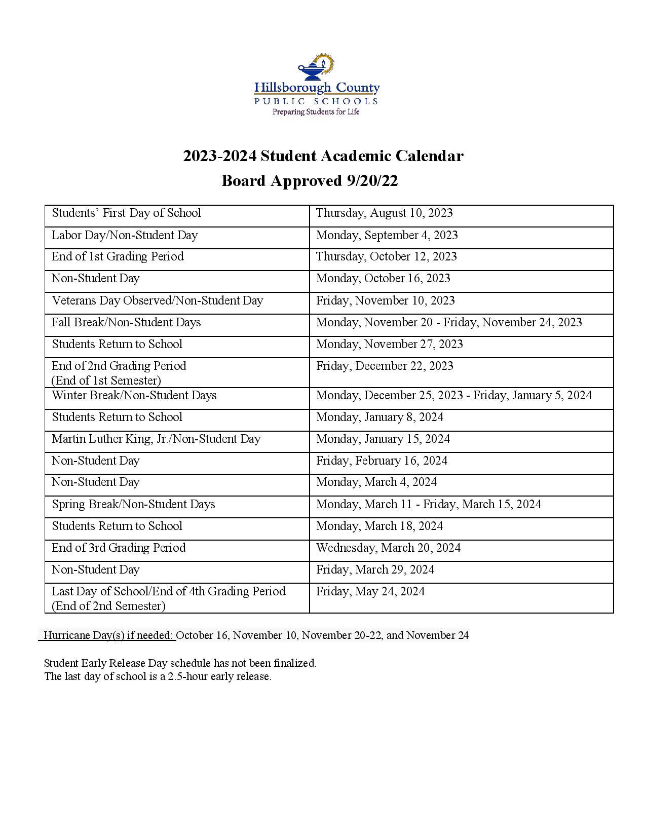 Hillsborough County Public Schools Calendar Holidays 20242025