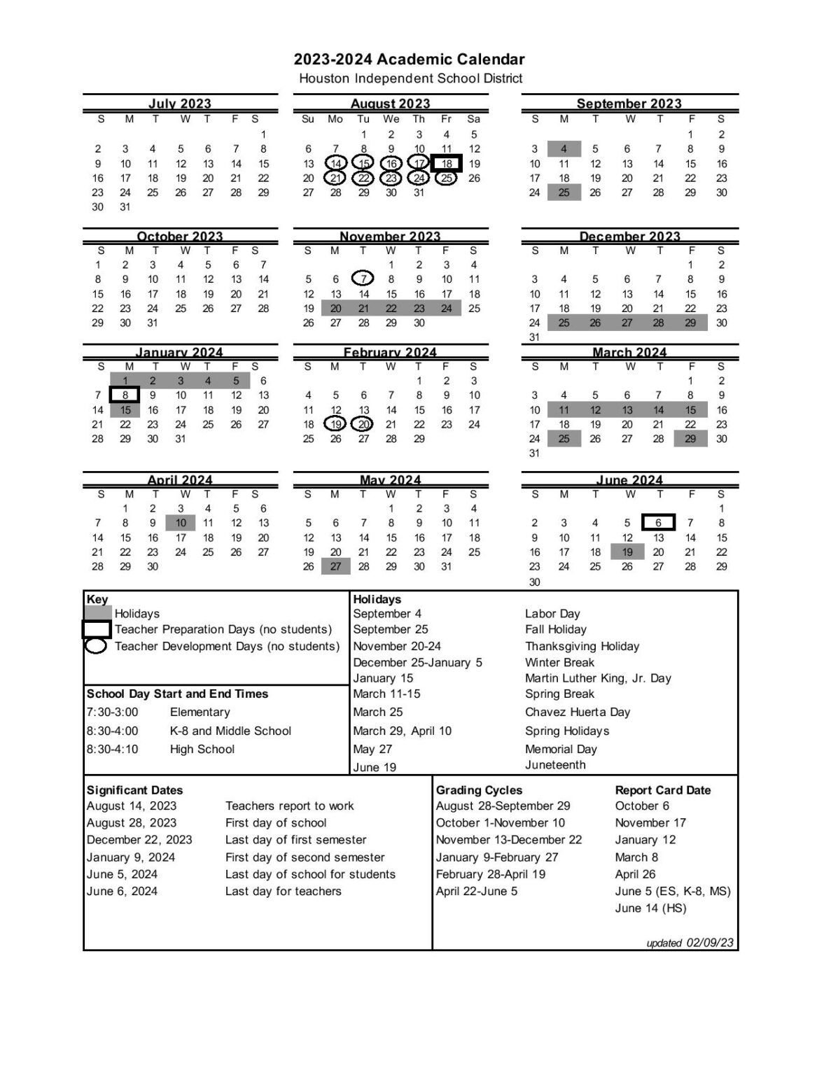 Houston Independent School District Calendar 20232024 PDF School