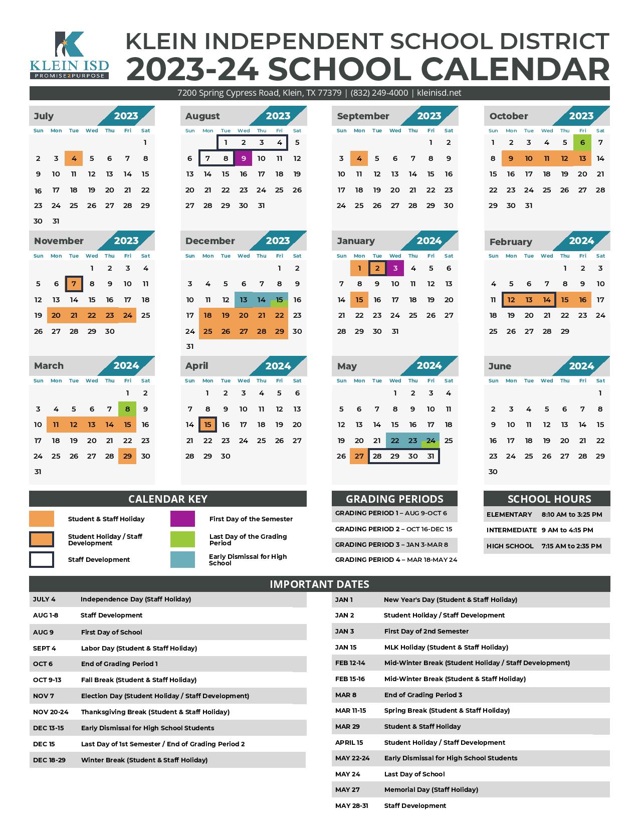 Klein ISD Calendar 202425 Important Dates and Holidays Fall 2024