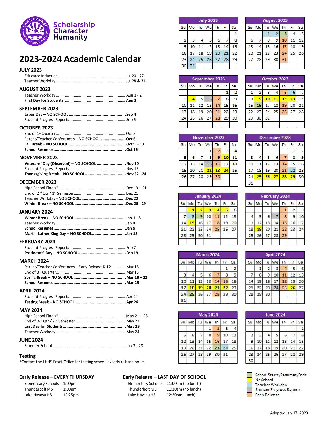 Lake Havasu Unified School District Calendar 20242025 PDF