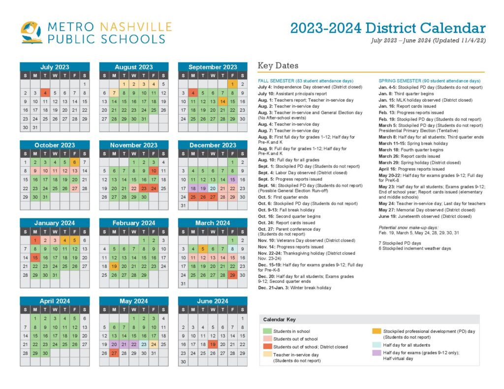 Metro Nashville Public Schools Calendar Holidays 2023 2024