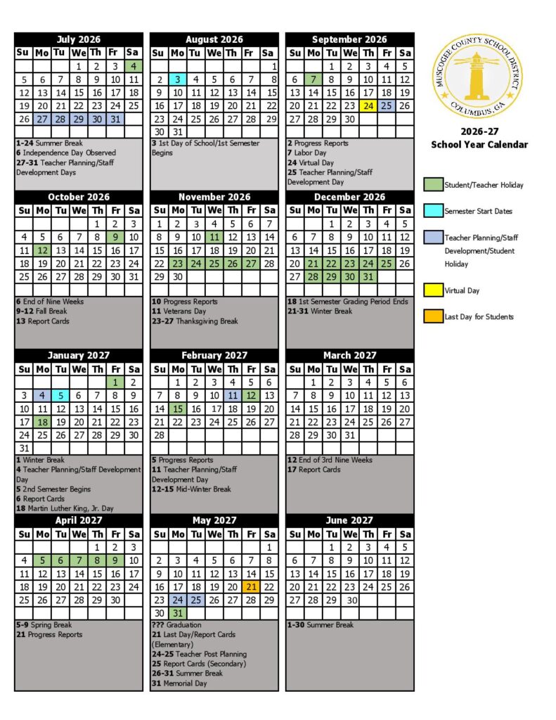 Muscogee County Public Schools Calendar 2026-2027