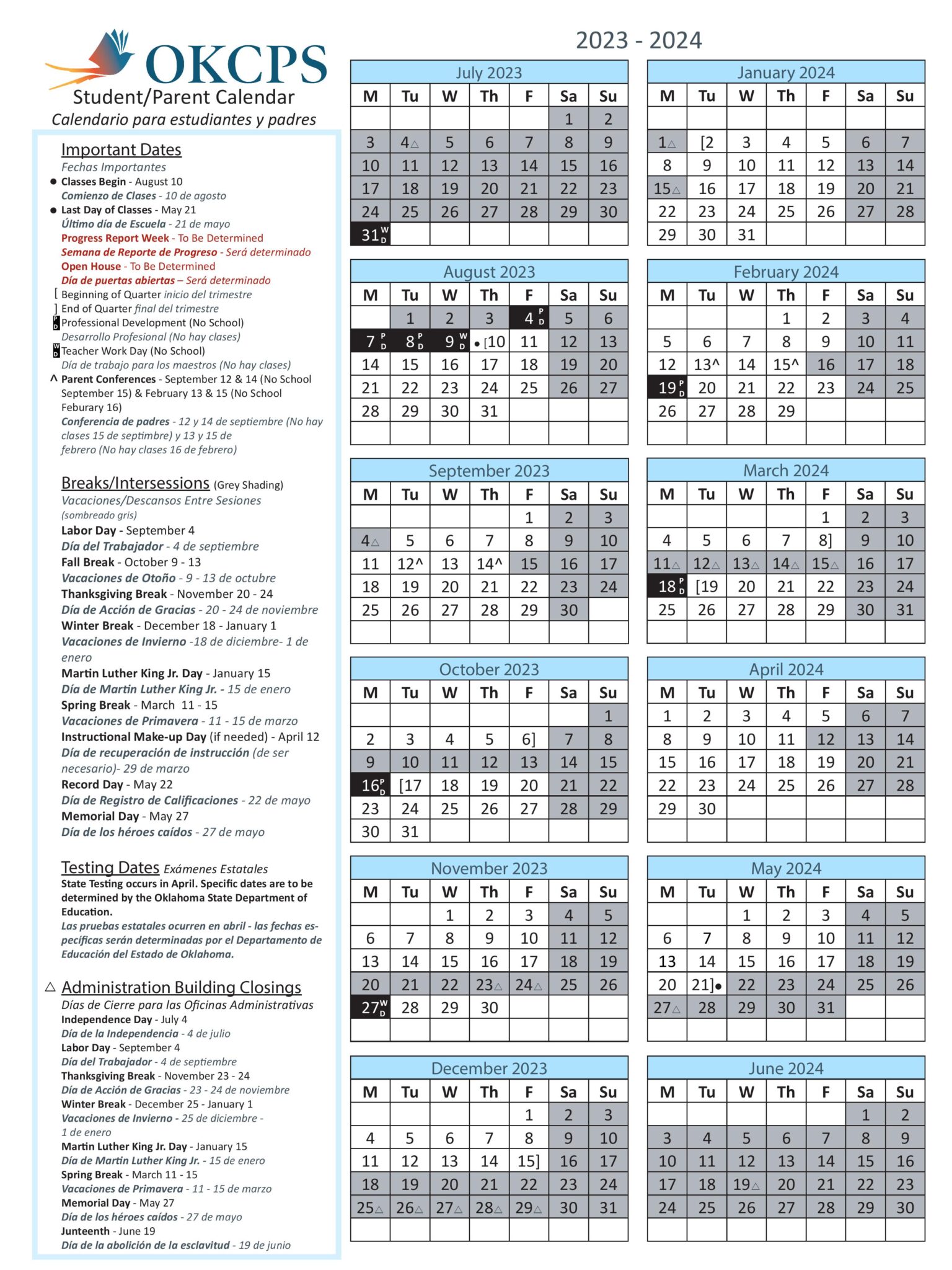 Oklahoma City Public Schools Calendar Holidays 20242025 PDF