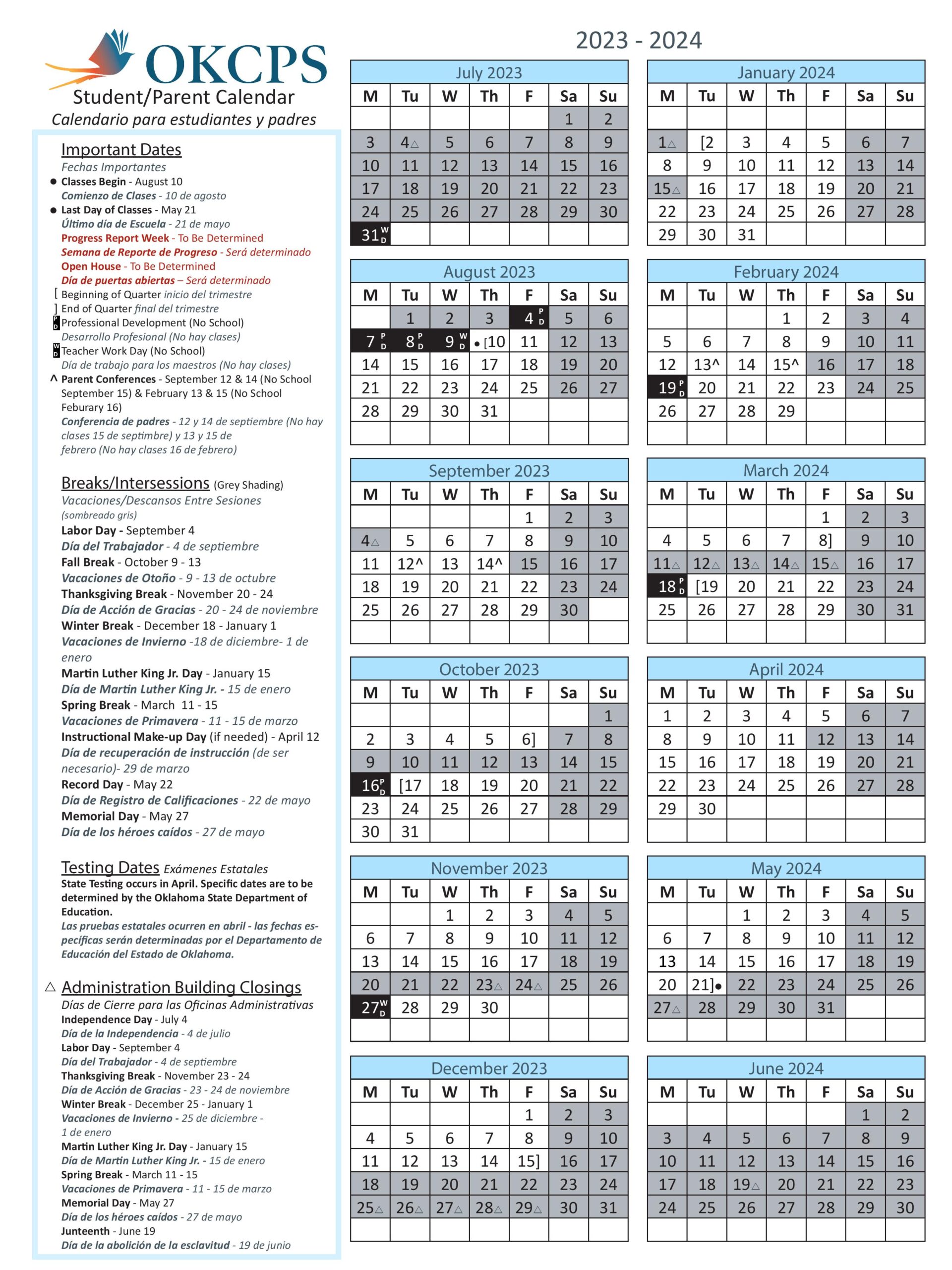 Oklahoma City Public Schools Calendar Holidays 20232024 PDF