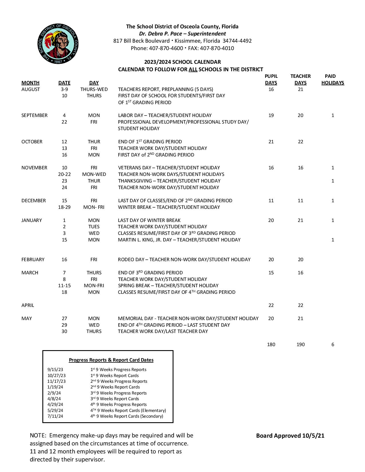 Osceola County School District Calendar Holidays 20242025