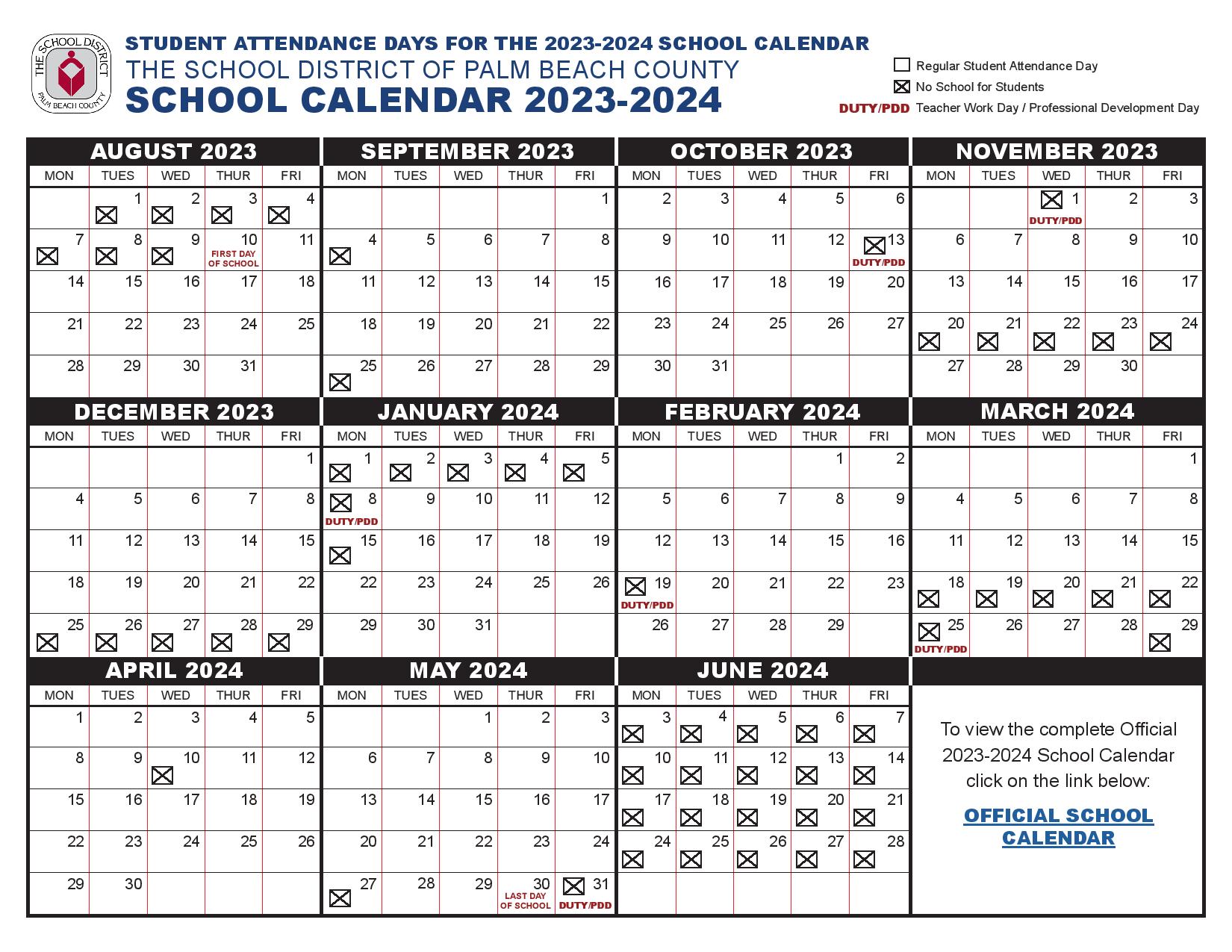 Palm Beach County School District Calendar Holidays 2023-2024