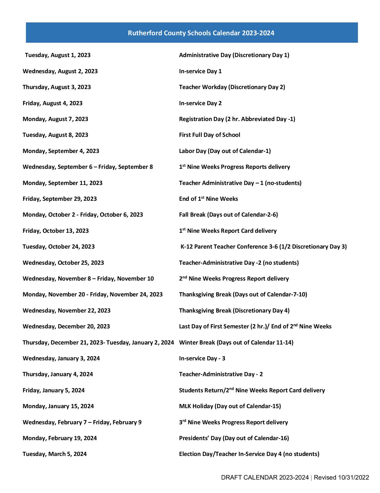 Rutherford County Schools Calendar Holidays 20232024 PDF
