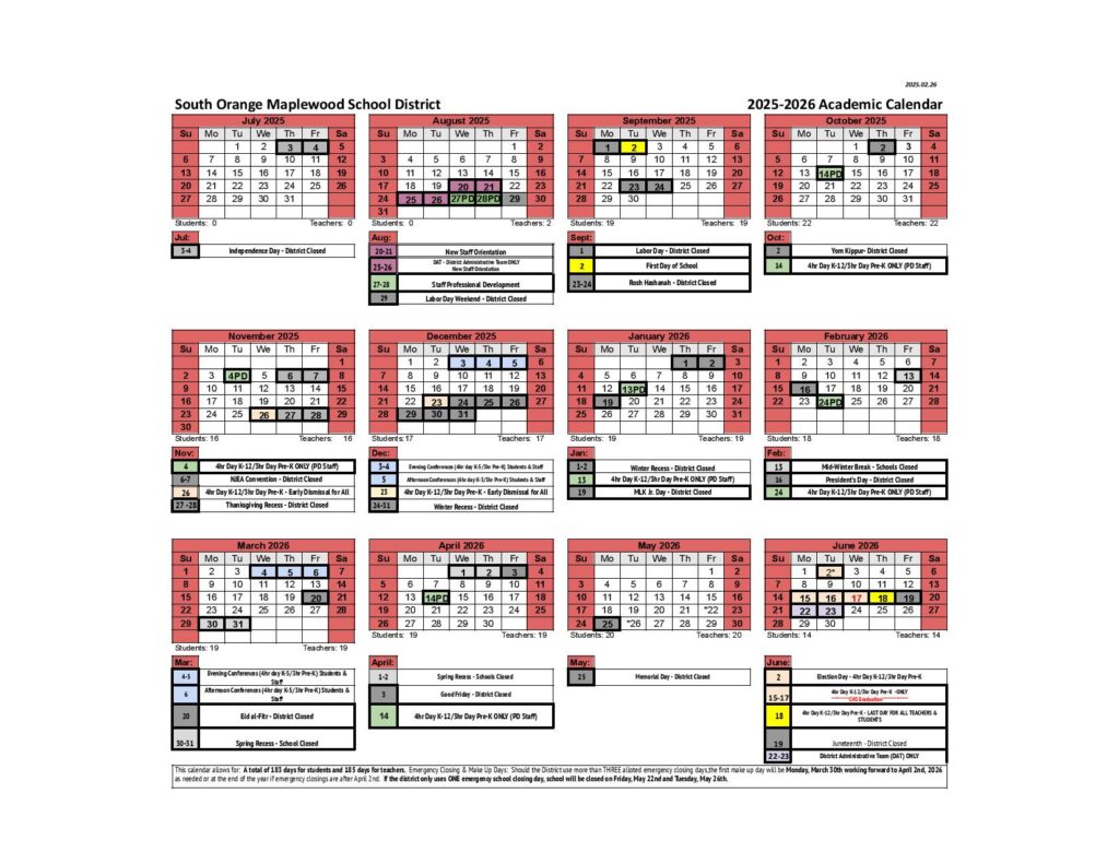 South Orange-Maplewood School District Calendar 2025