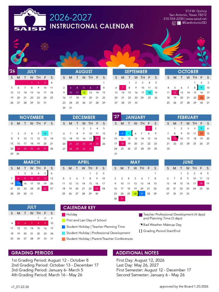 San Antonio Independent School District Calendar 2026-2027