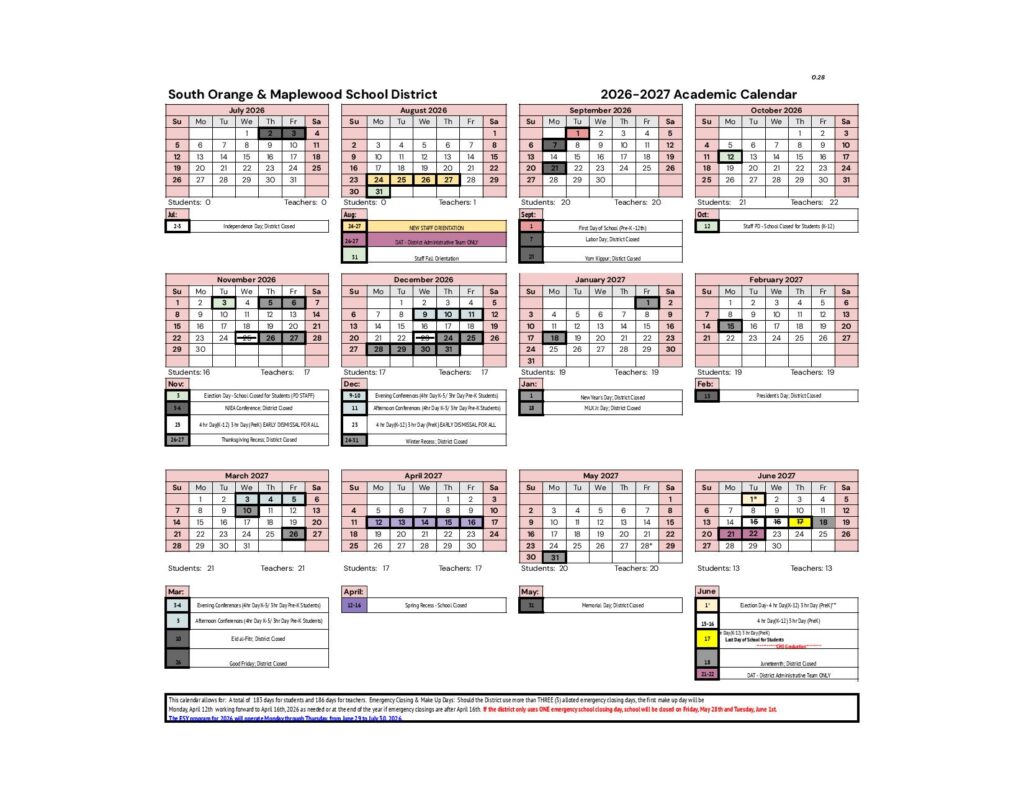 South Orange-Maplewood School District Calendar 2026-2027