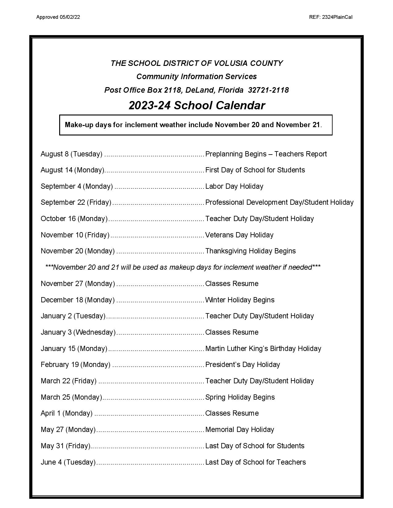 Volusia County Schools Calendar Holidays 20232024 PDF