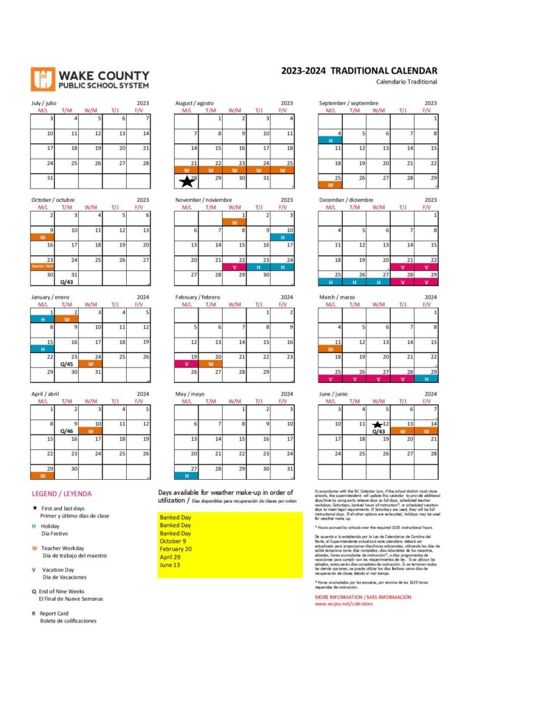 Wake County Public Schools Calendar Holidays 2023 2024 PDF