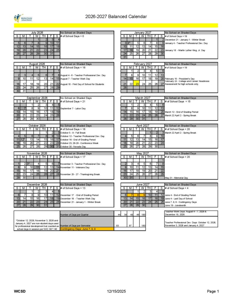 Washoe County School District Calendar 2026-2027
