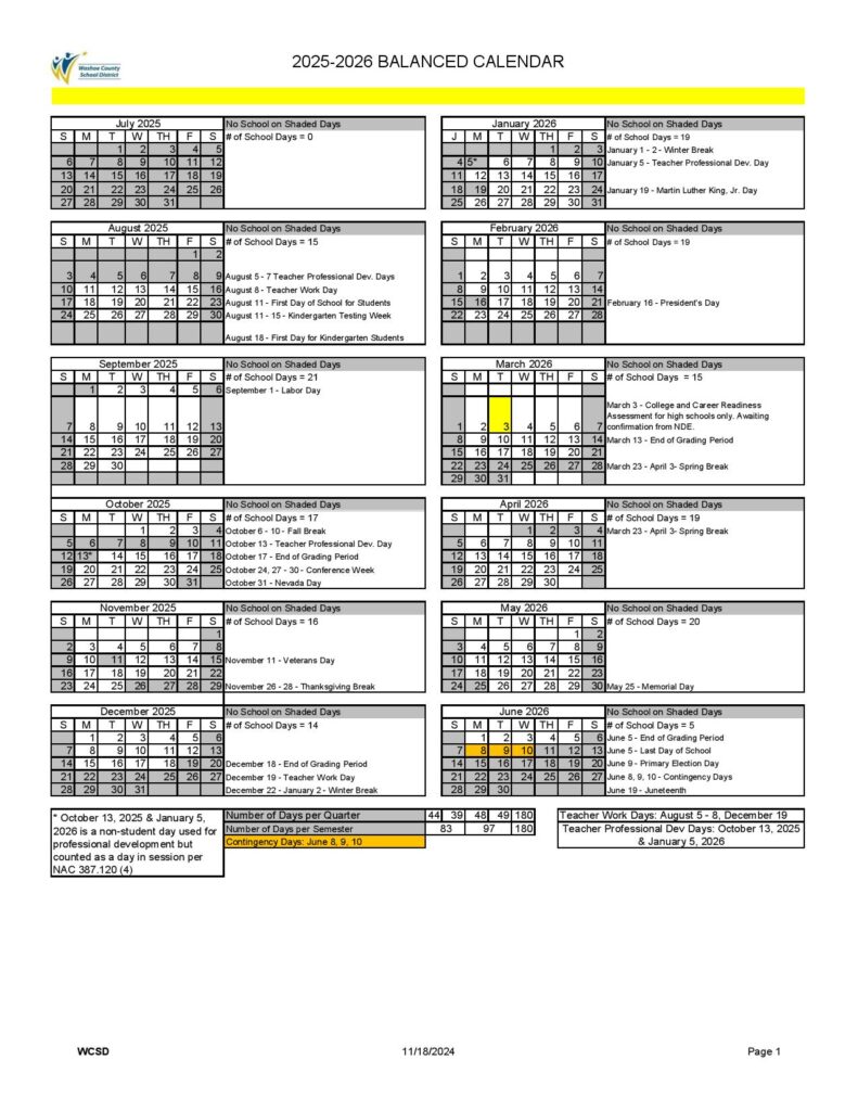 Washoe County School District Calendar 2025