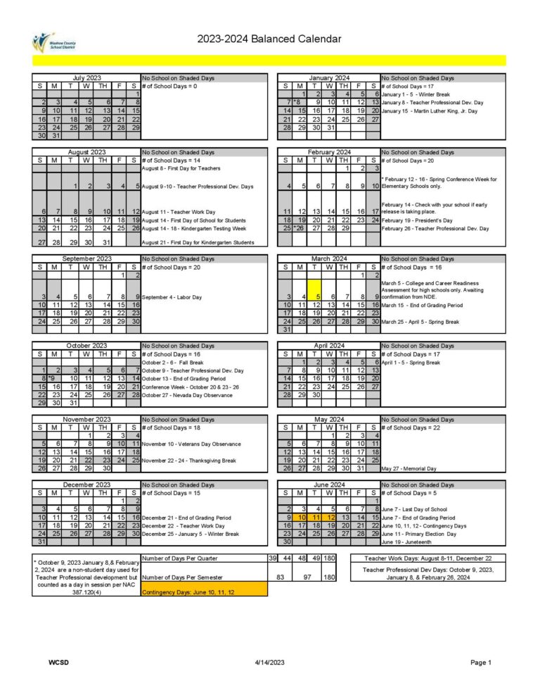 Washoe County School District Calendar 20242025 in PDF