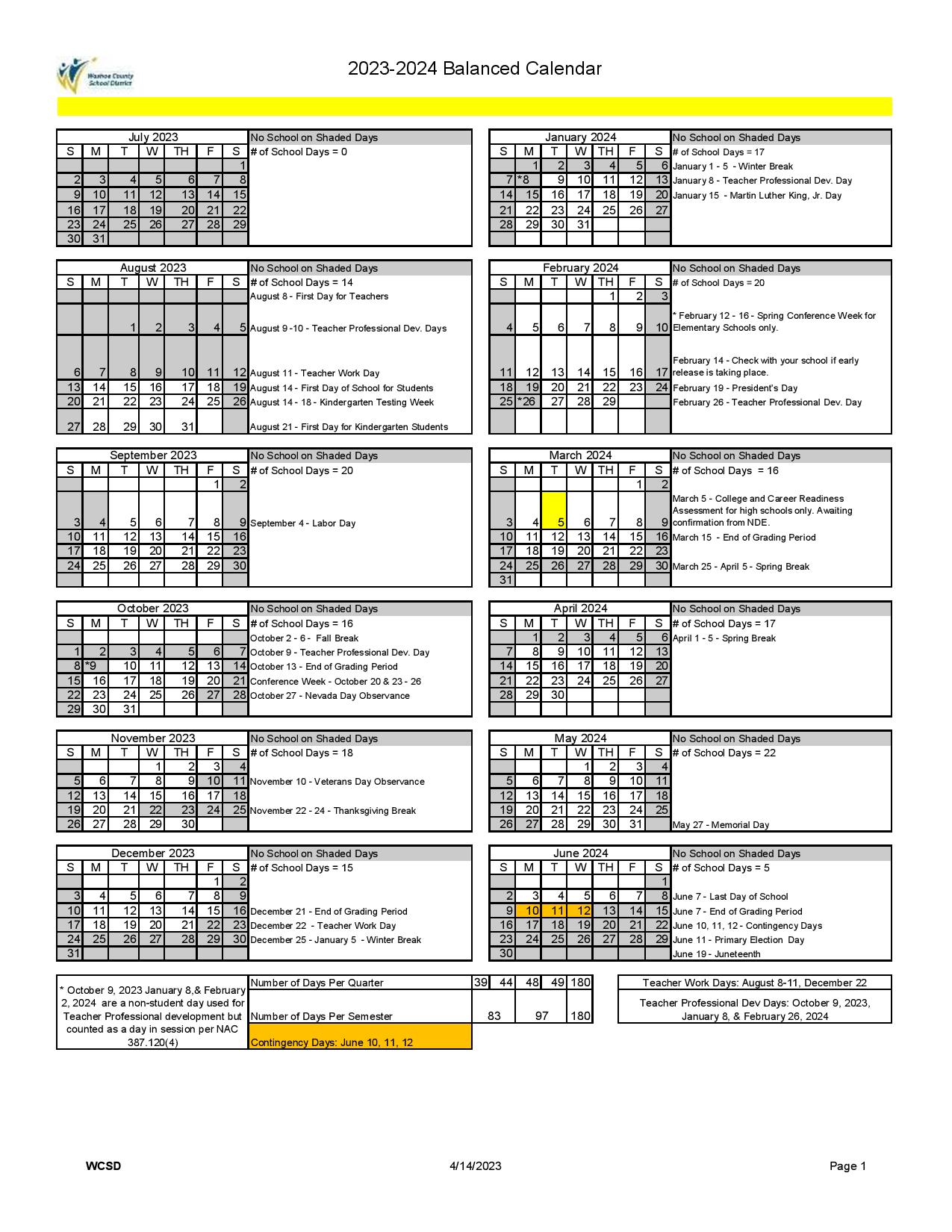 Washoe County School District Calendar 20232024 School Calendar Info