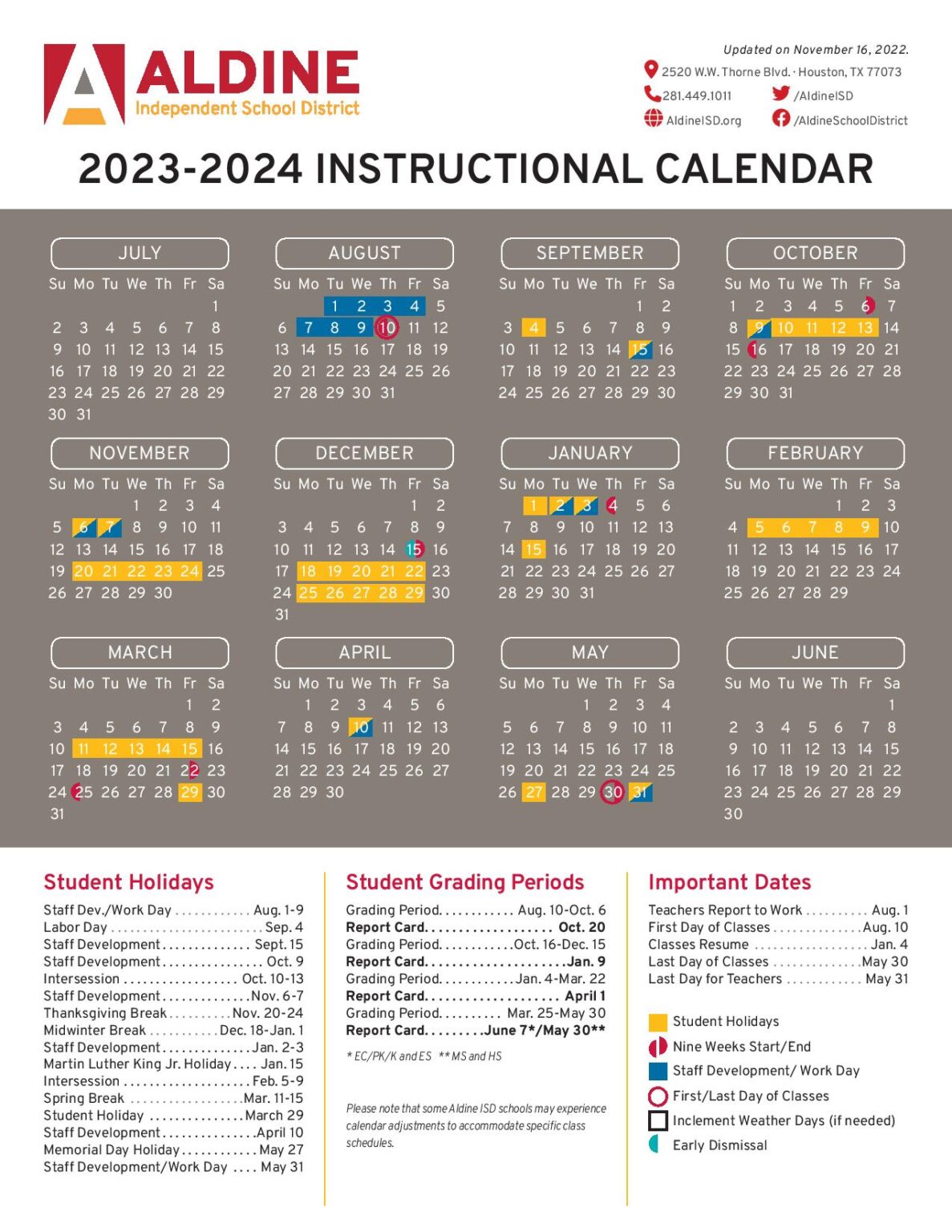 Aldine Independent School District Calendar 20232024 in PDF