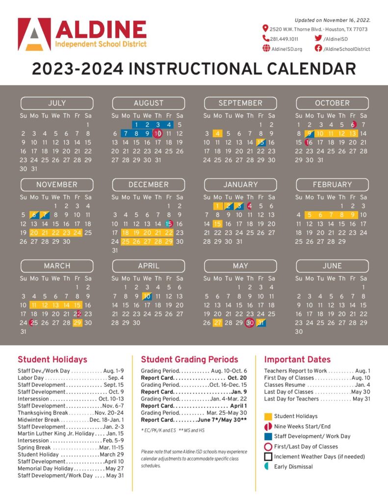 Aldine Independent School District Calendar