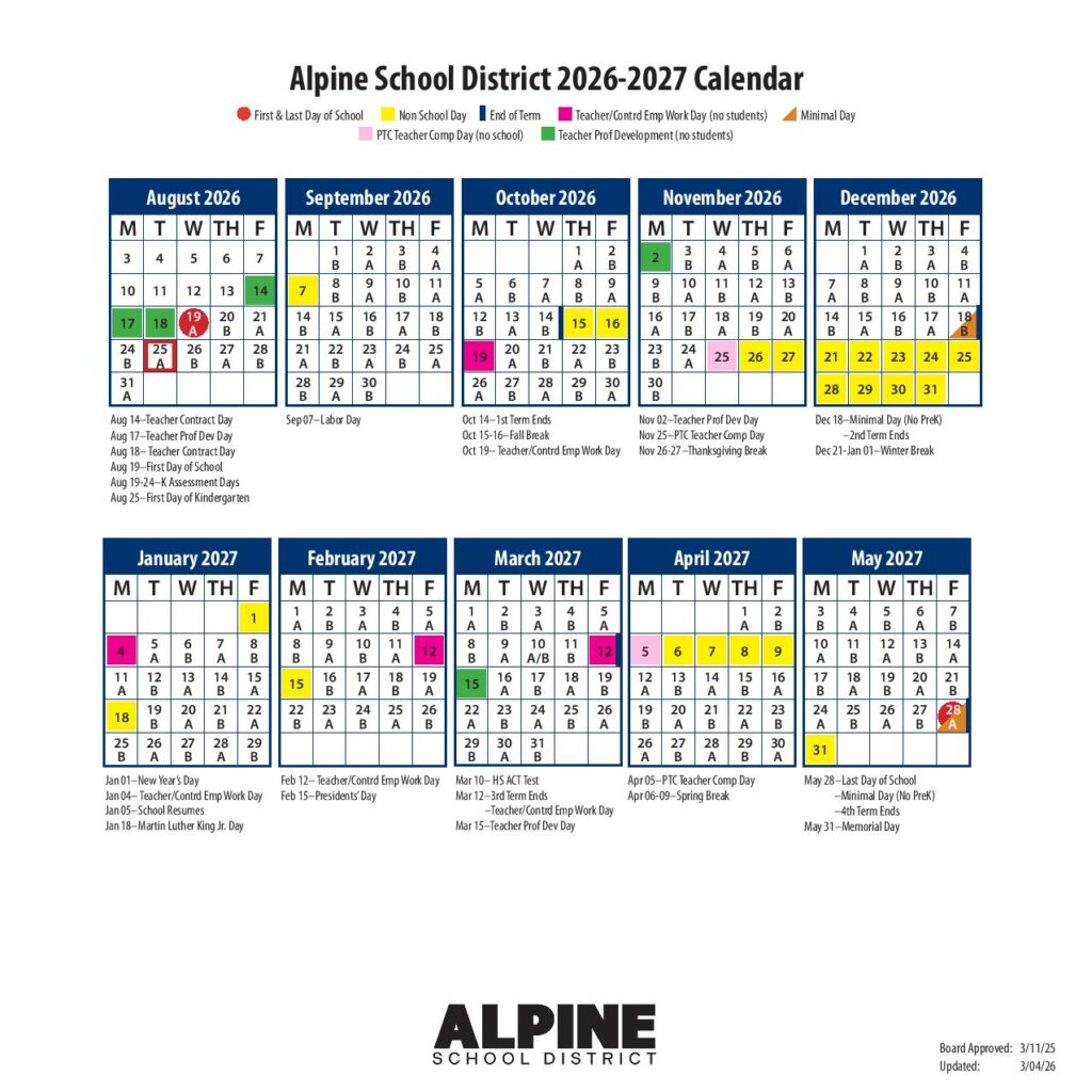 Alpine School District Calendar 2026-2027