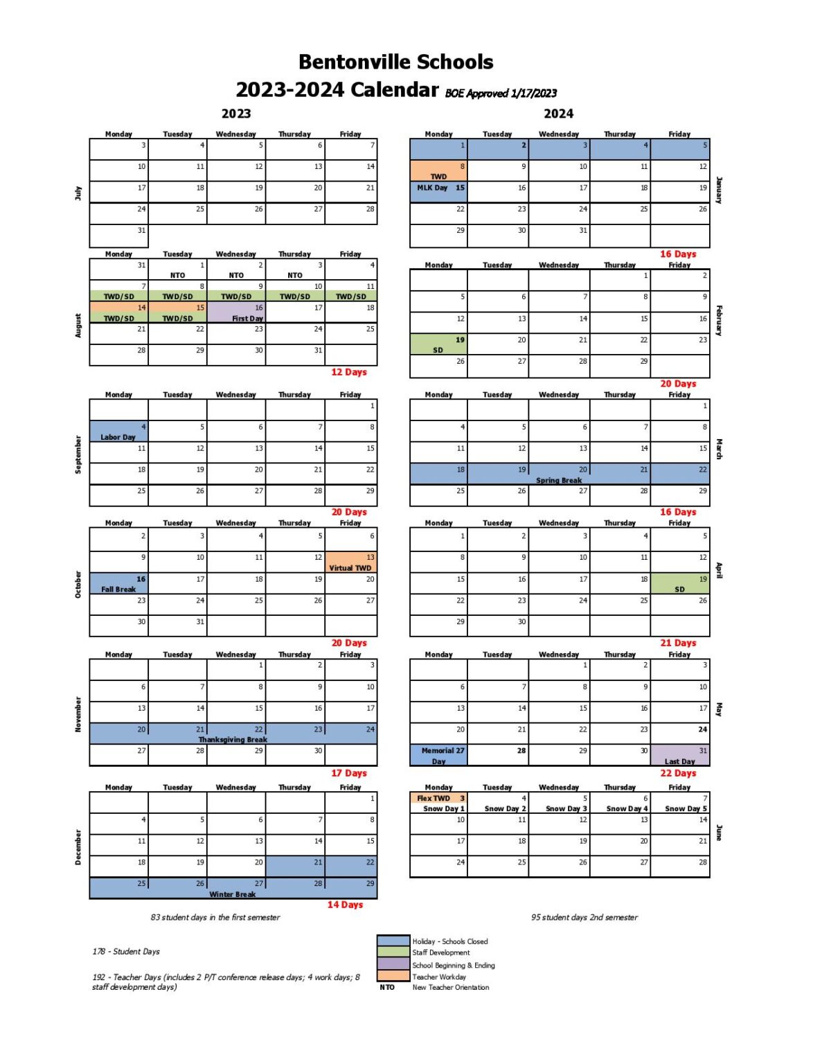 Bentonville Public Schools Calendar 2024 in PDF