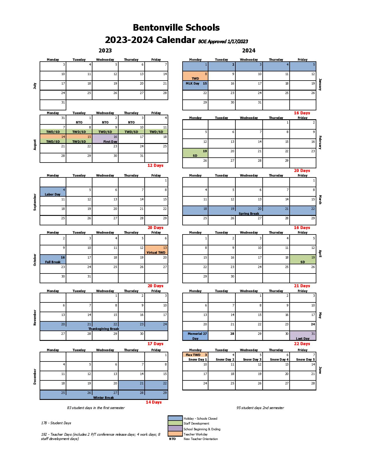 Bentonville Public Schools Calendar 2023-2024 in PDF