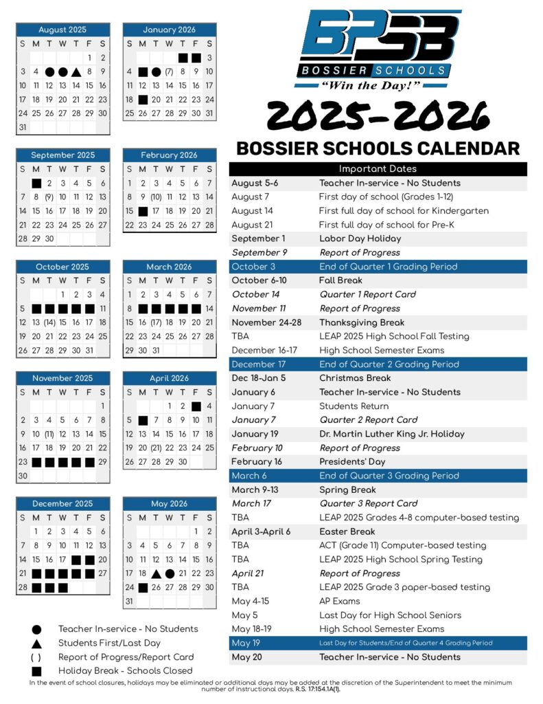Bossier Parish Schools Calendar 2025-2026