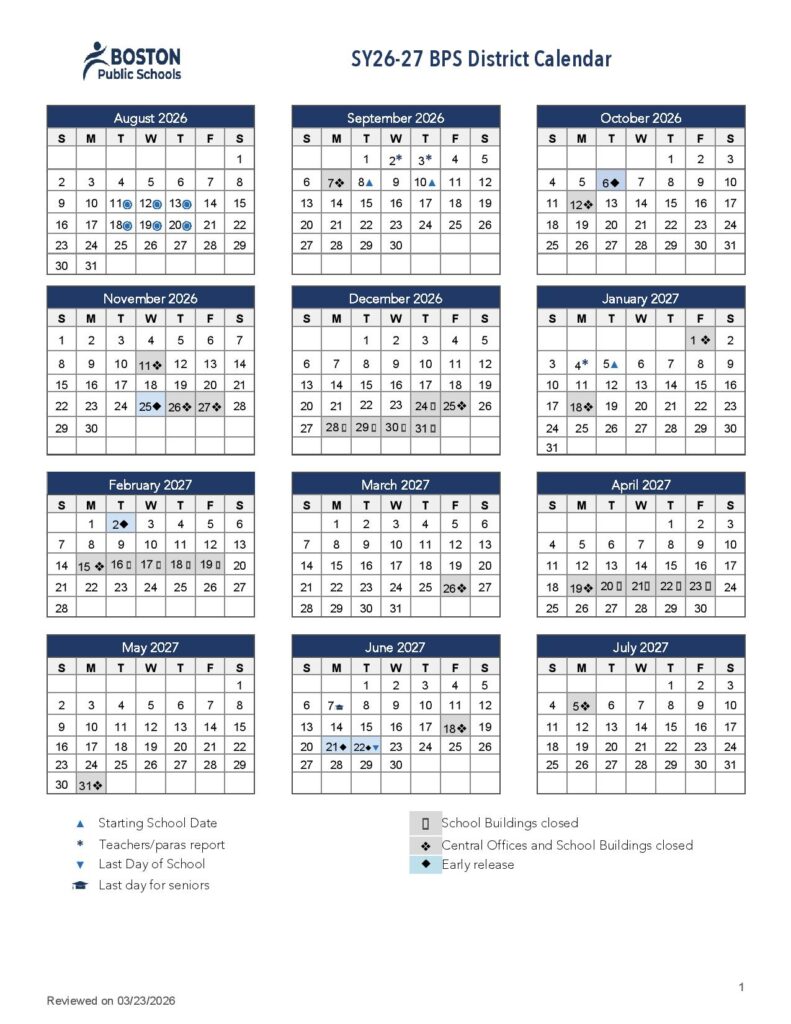 Boston Public Schools Calendar 2026-2027