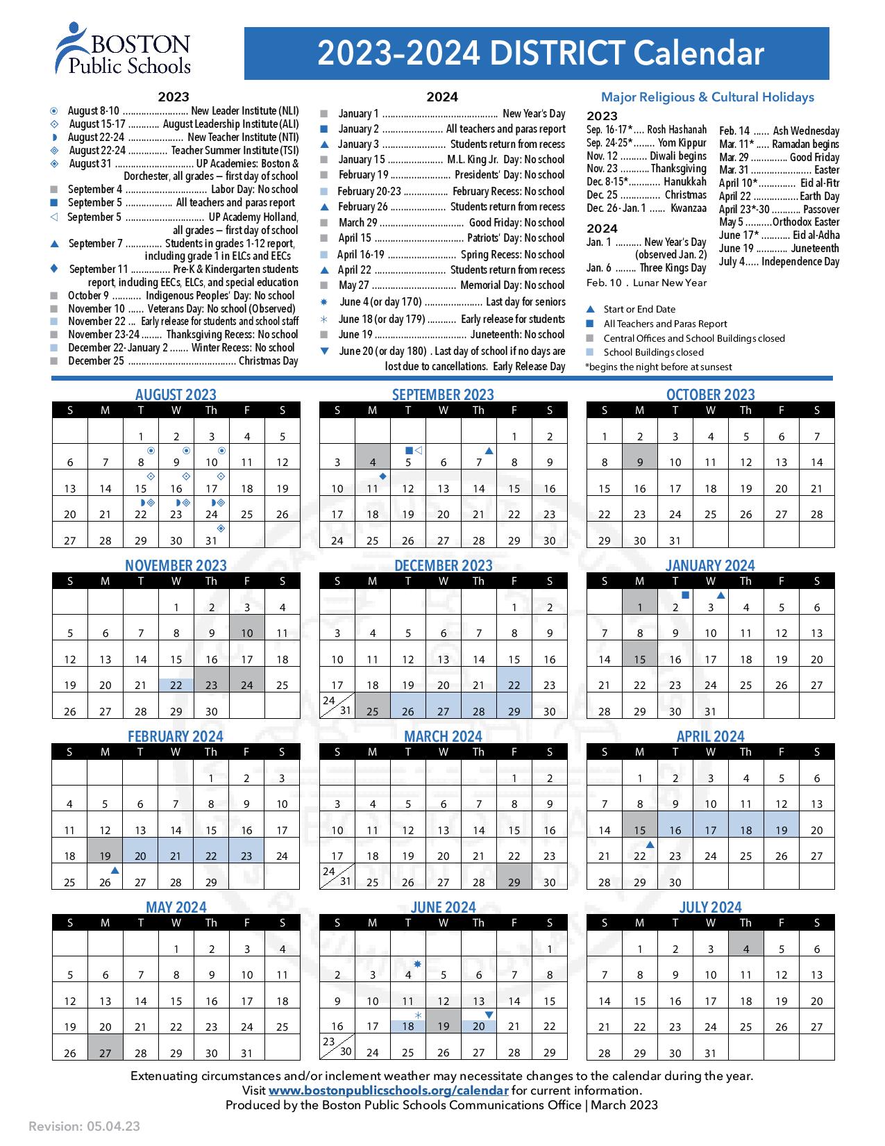 Boston Public Schools Calendar Holidays 20232024 PDF School Calendar