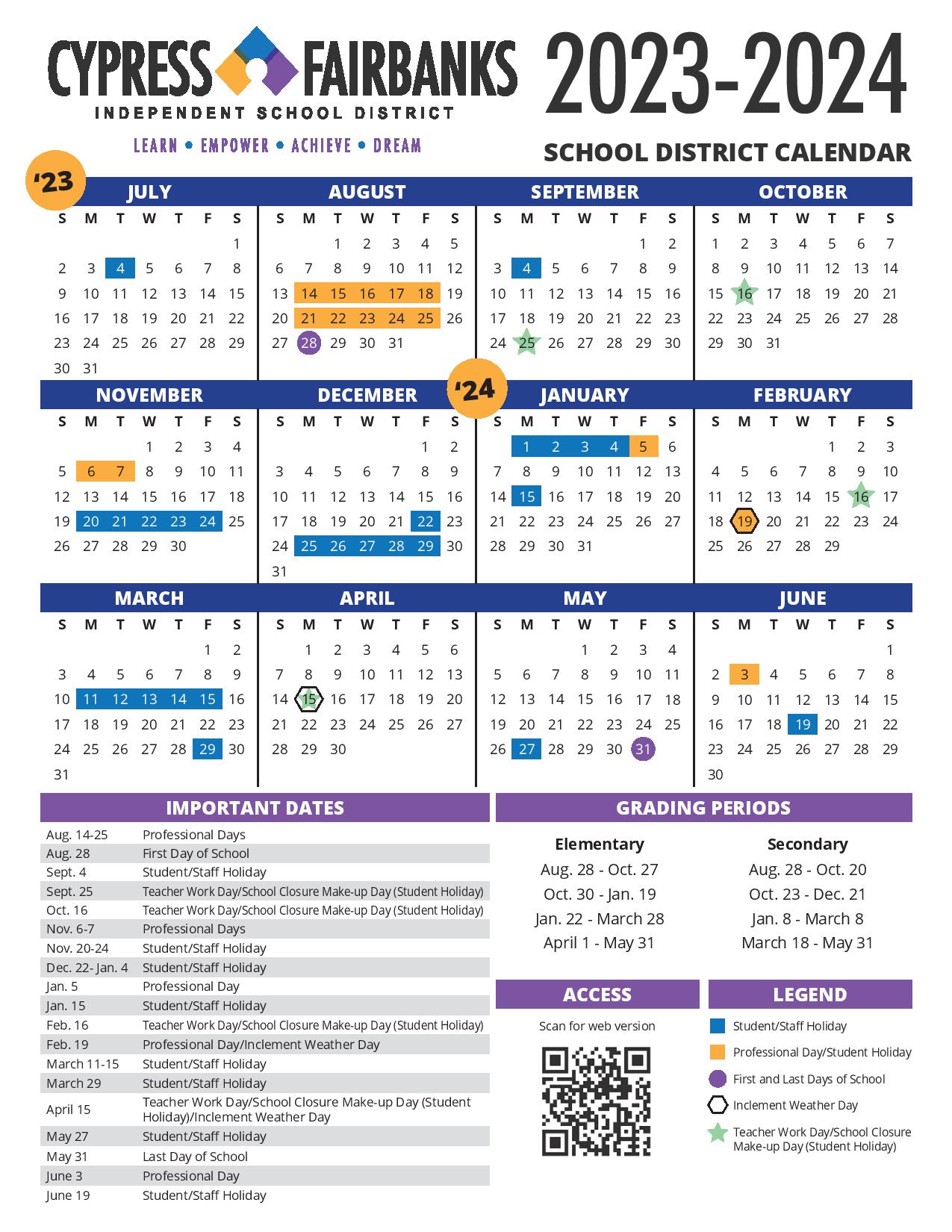 CypressFairbanks Independent School District Calendar 20232024