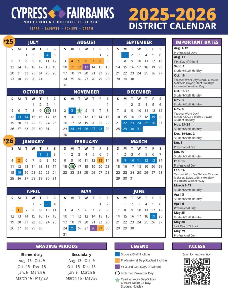 Cypress-Fairbanks Independent School District Calendar 2025-2026