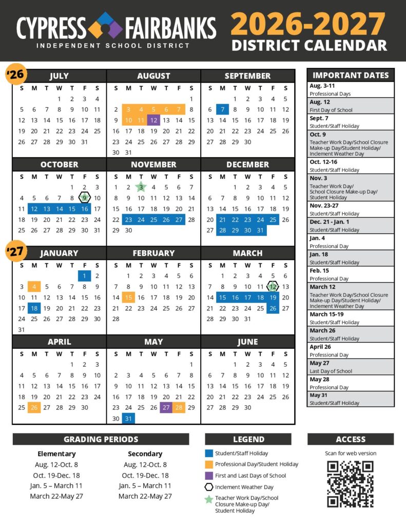Cypress-Fairbanks Independent School District Calendar 2026-2027