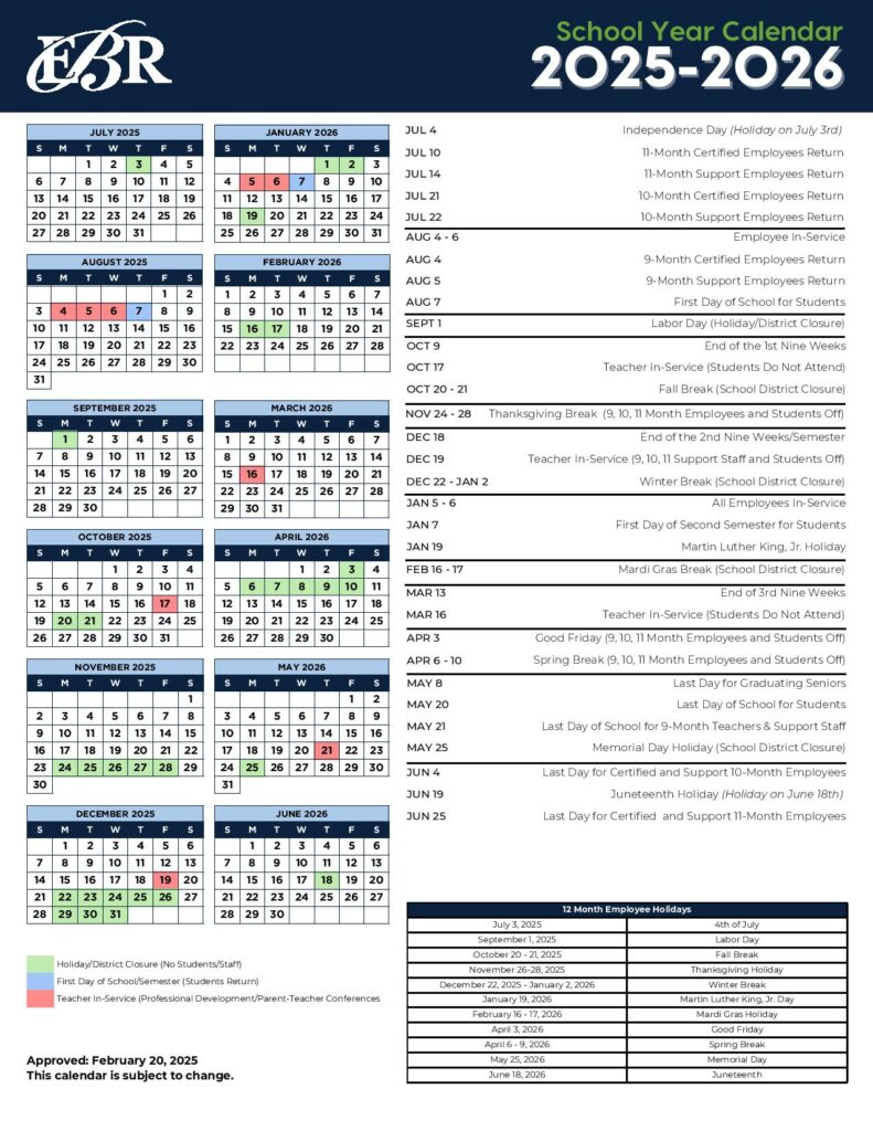 East Baton Rouge Parish Schools Calendar 2025-2026