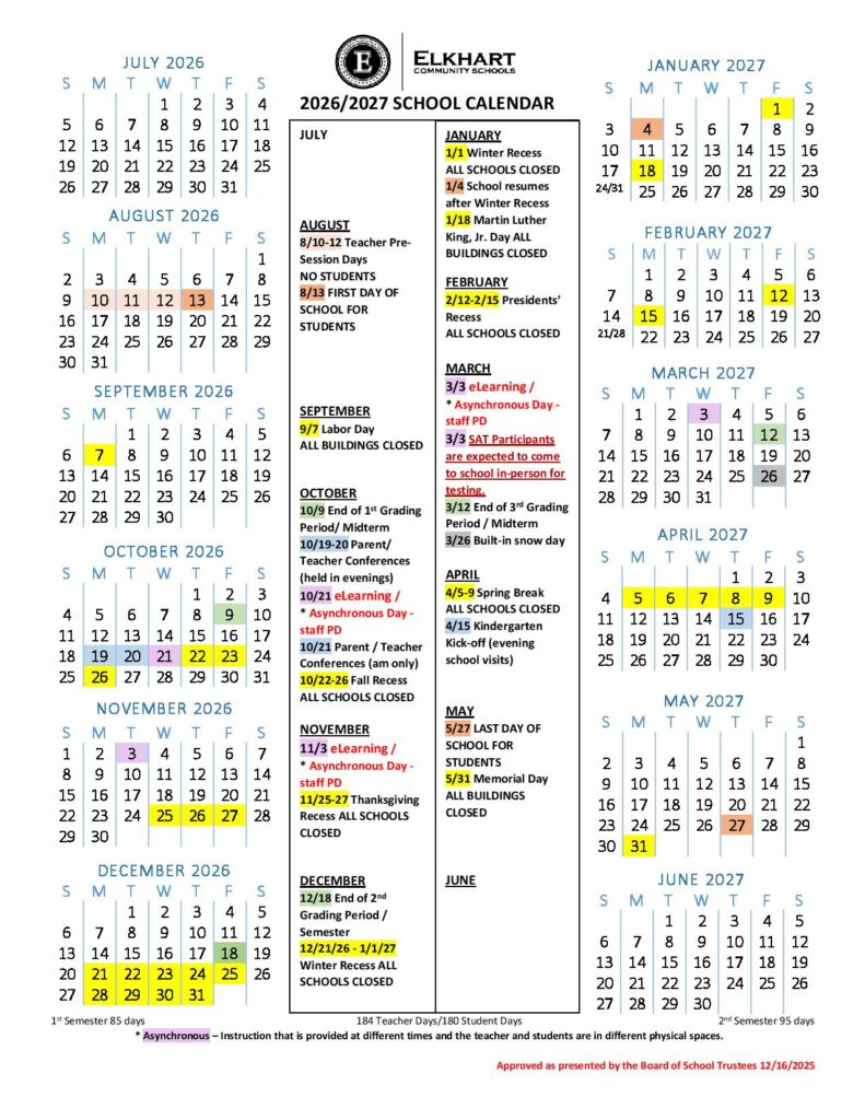 Elkhart Community Schools Calendar 2026-2027