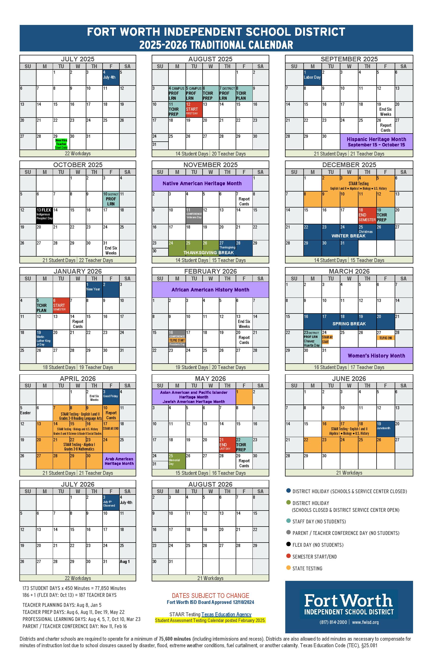 Fort Worth Independent School District Calendar 2025 2026 School