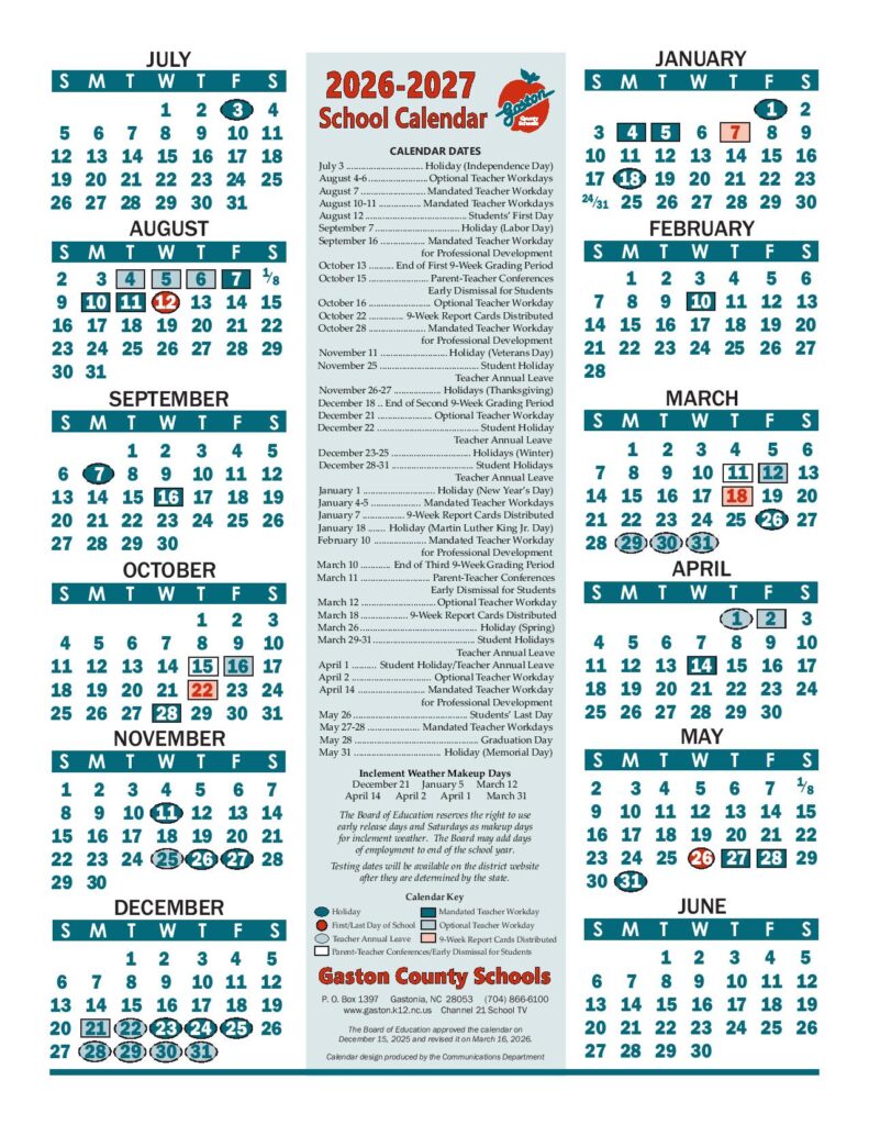 Gaston County Schools Calendar 2026-2027