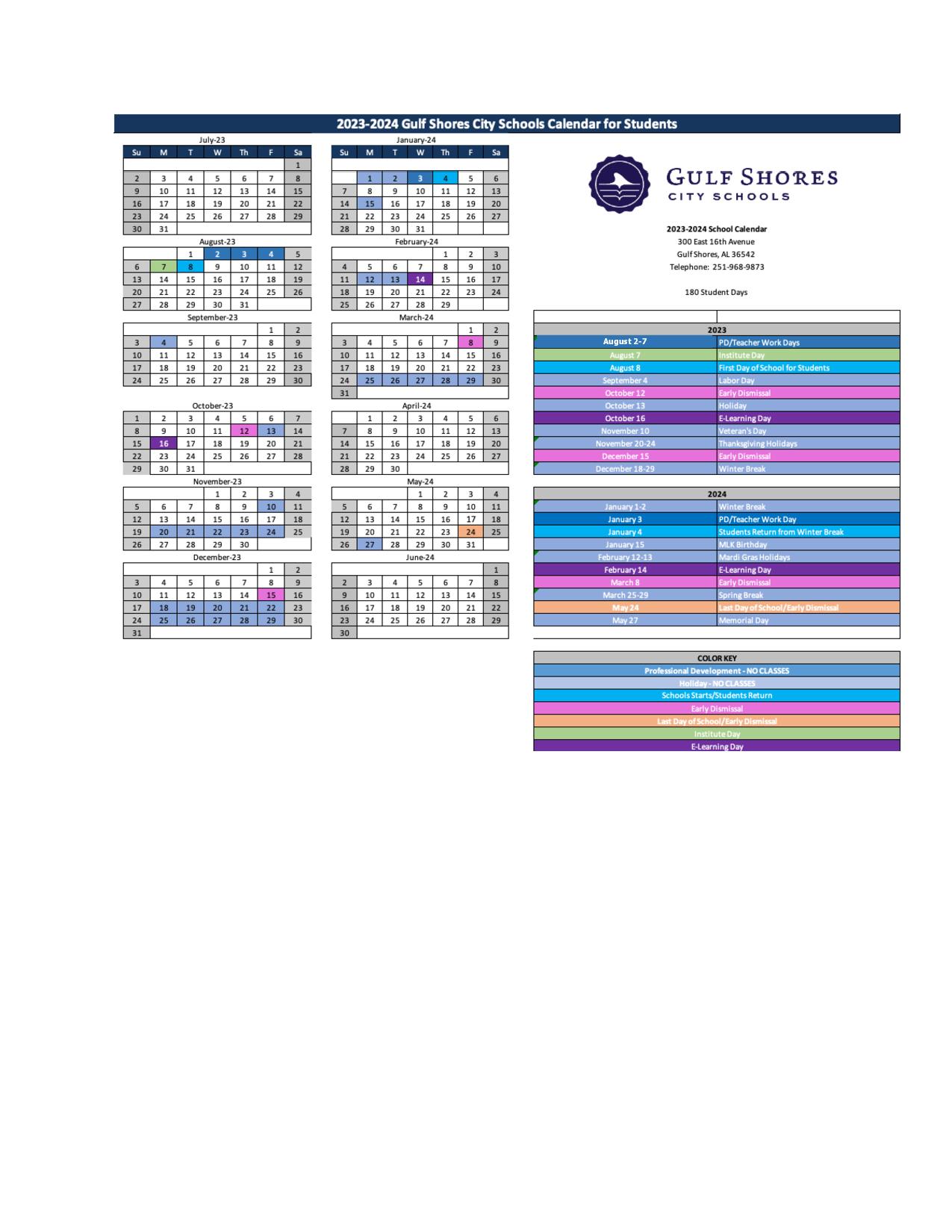 Gulf Shores City Schools Calendar 2023-2024 in PDF