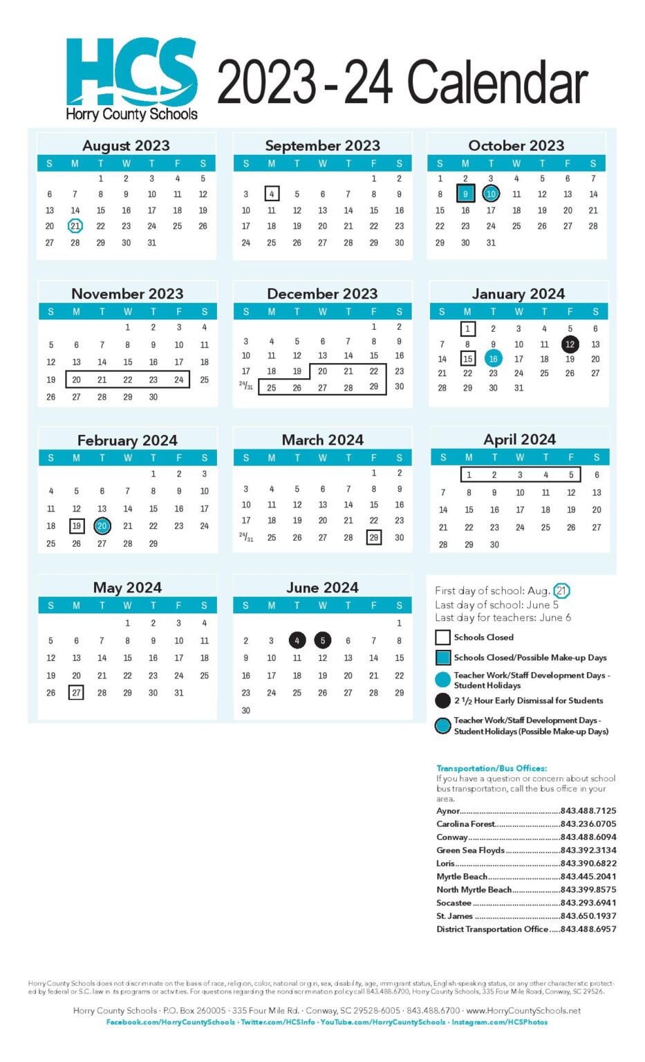Horry County Schools Calendar 2024 in PDF