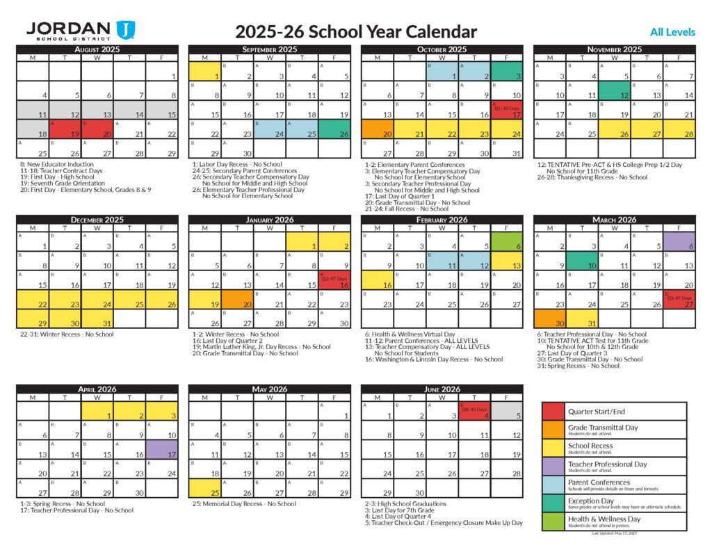 Jordan School District Calendar 2025-2026