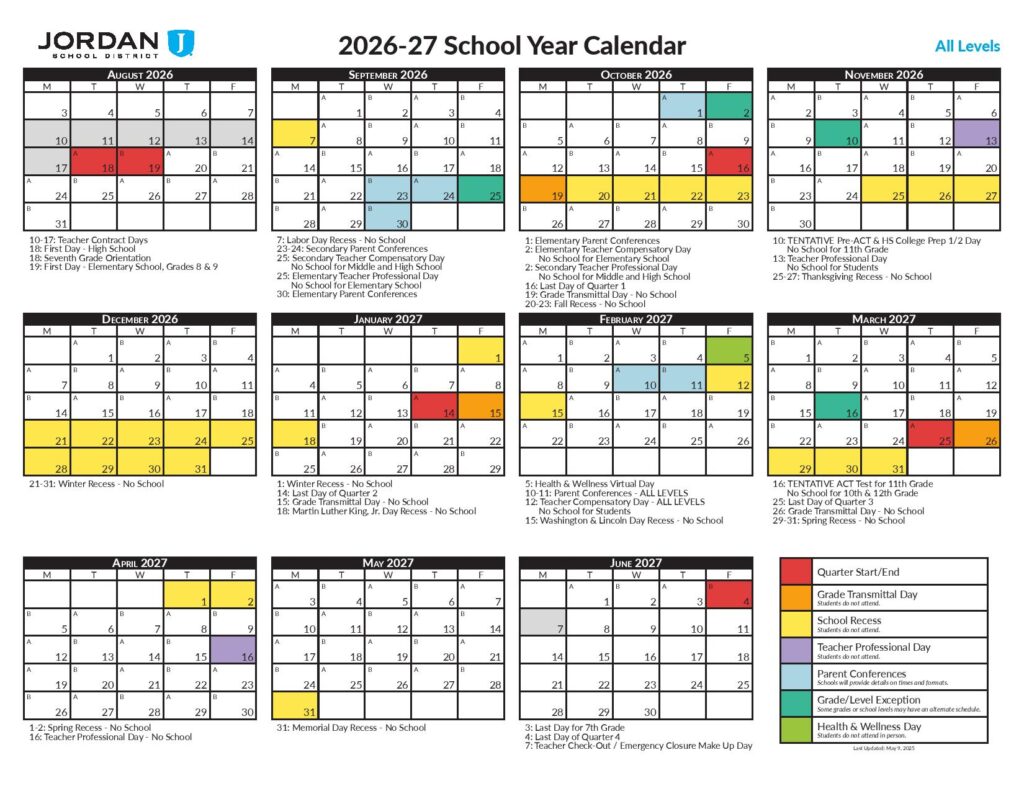 Jordan School District Calendar 2026-2027