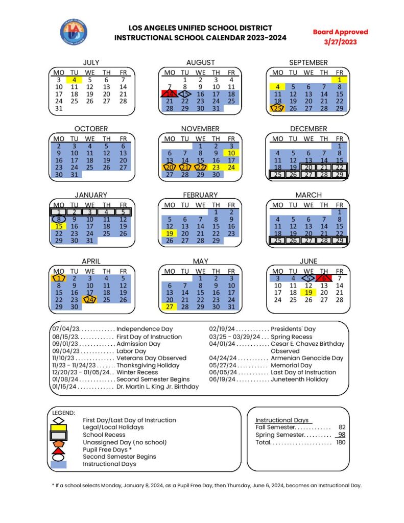 Los Angeles Unified School District Instructional School Calendar 2025 2026