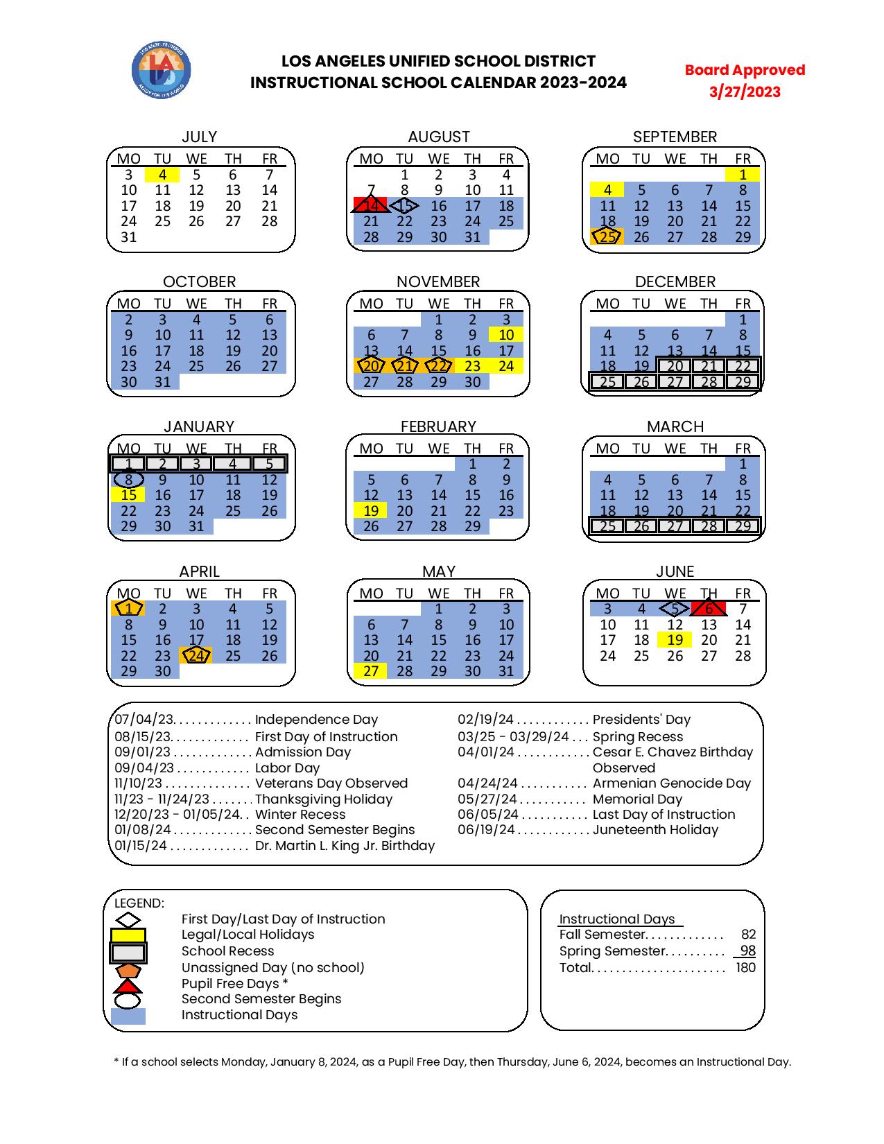 Los Angeles Unified School District Calendar Holidays 2023-2024