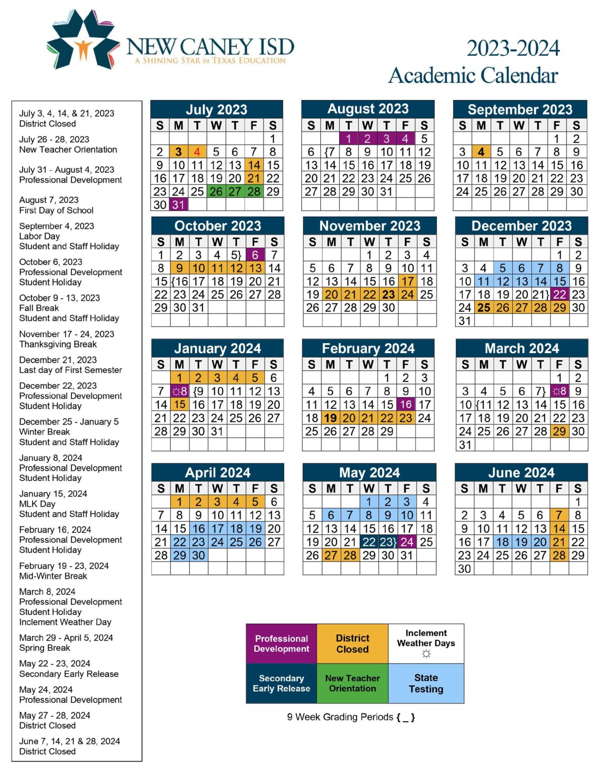 New Caney Independent School District Calendar 2023-2024 PDF