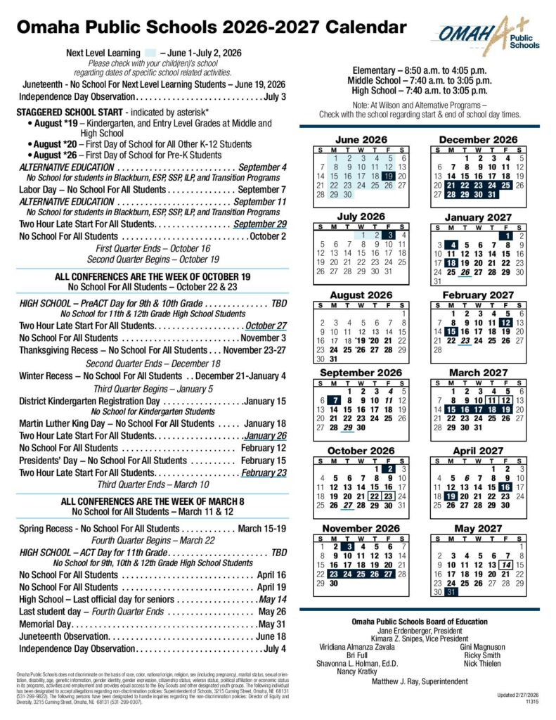 Omaha Public Schools Calendar 2026-2027