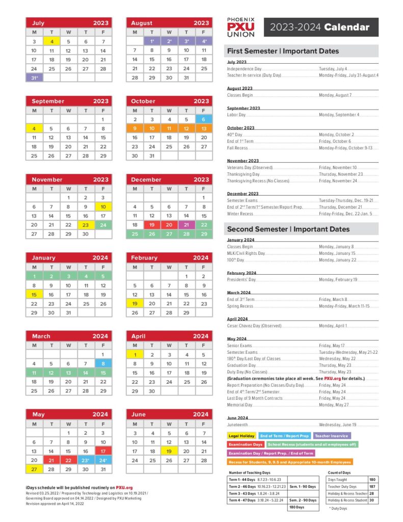 Phoenix Union High School District Calendar 2023 2024 In PDF