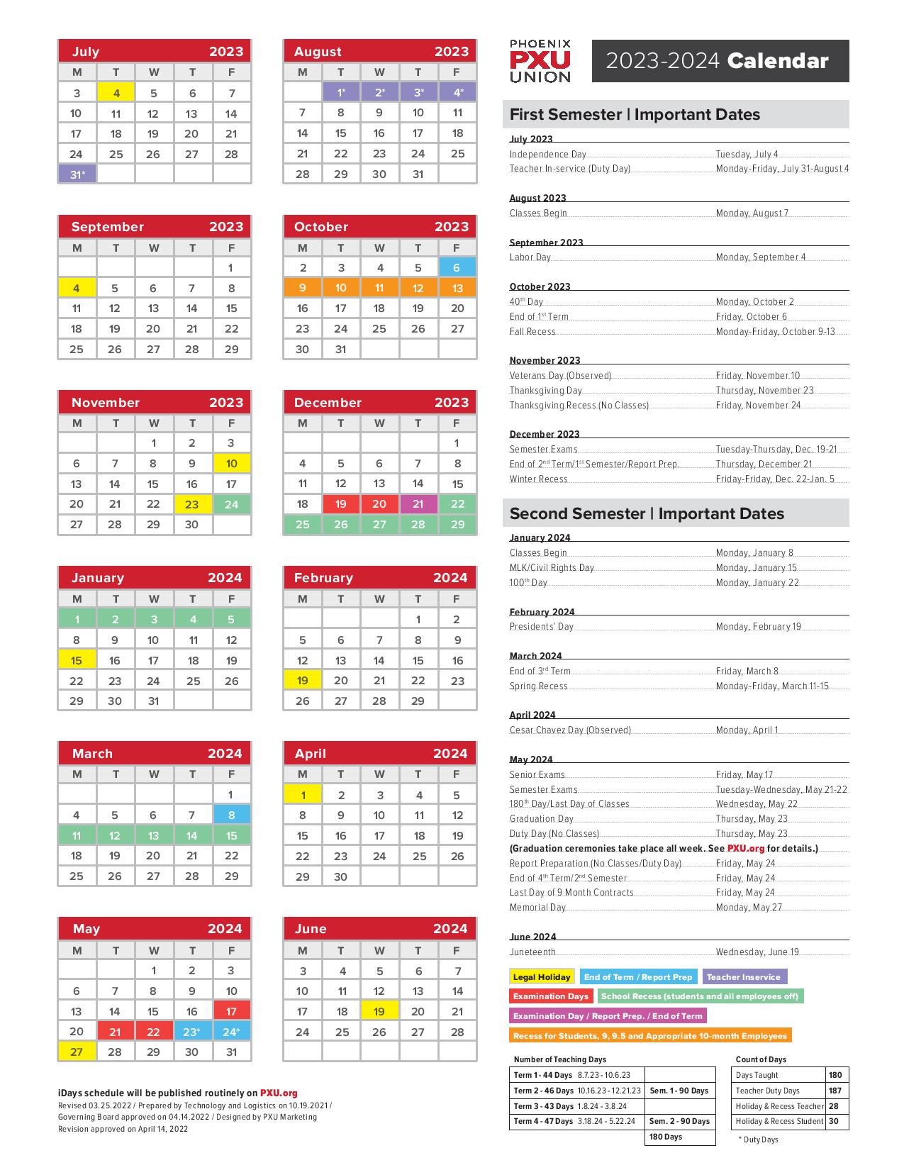 Phoenix Union High School District Calendar 20232024 in PDF